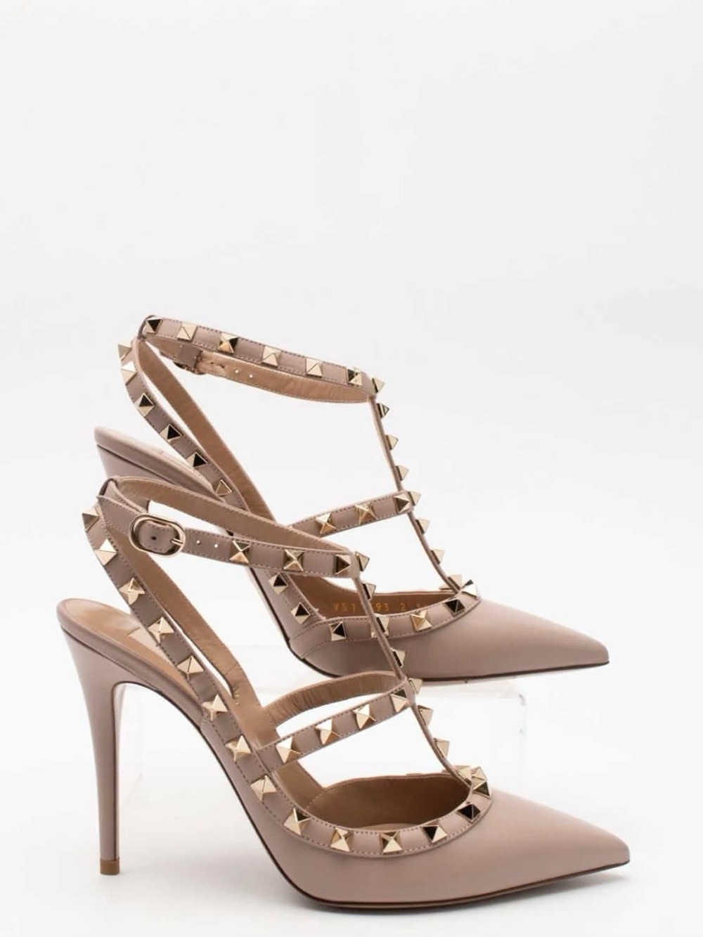 Studded Pointed-Toe T-Strap High Heels - Nude